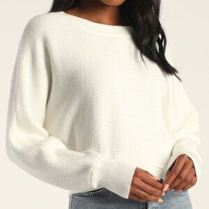 Lulus Fireside Flirt Ivory Ribbed Cropped Pullover Sweater White - Size L